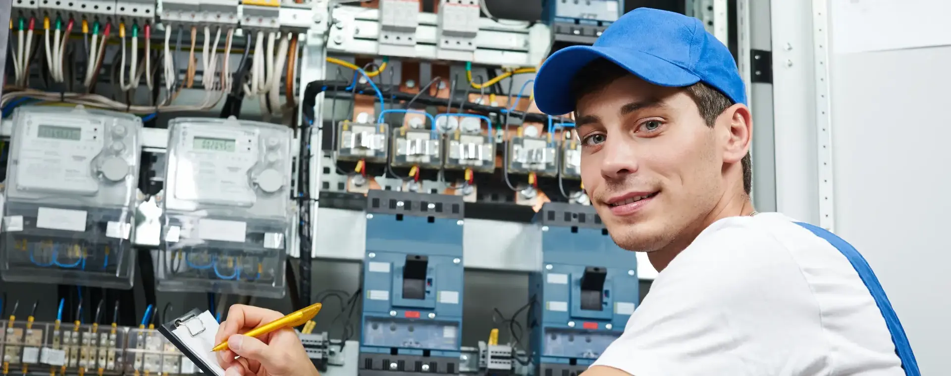 Student voor grote elektriciteitskast en noteert dingen op een blaadje.
