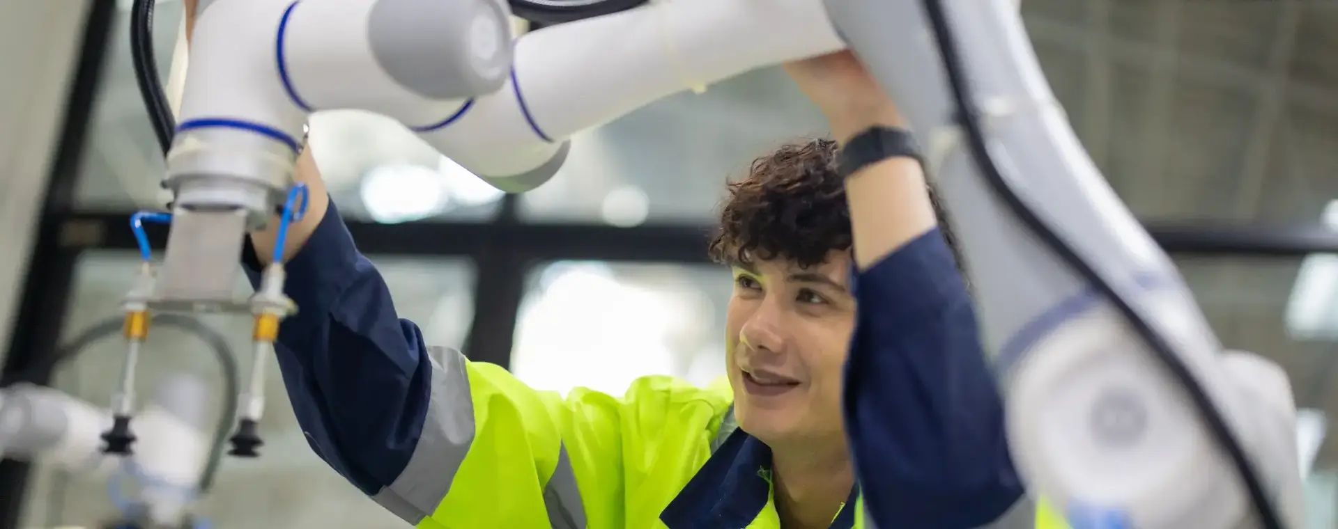 Student onderzoekt geconcentreerd een geavanceerde robotarm in een hightech omgeving. Hij draagt een fluorescerend werkjack en werkt nauwkeurig.