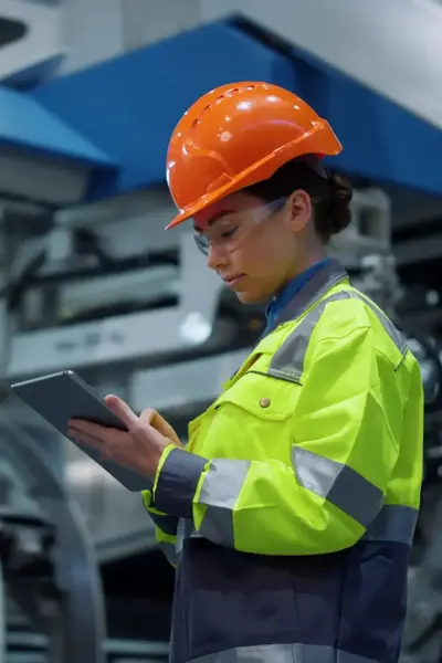 student in werkkleding controleert installatie met behulp van tablet